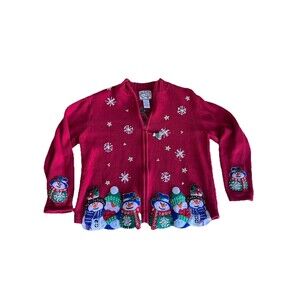Heirloom Collectibles Snowmen Holiday Cardigan Sweater Zip Bead CUTE Size M